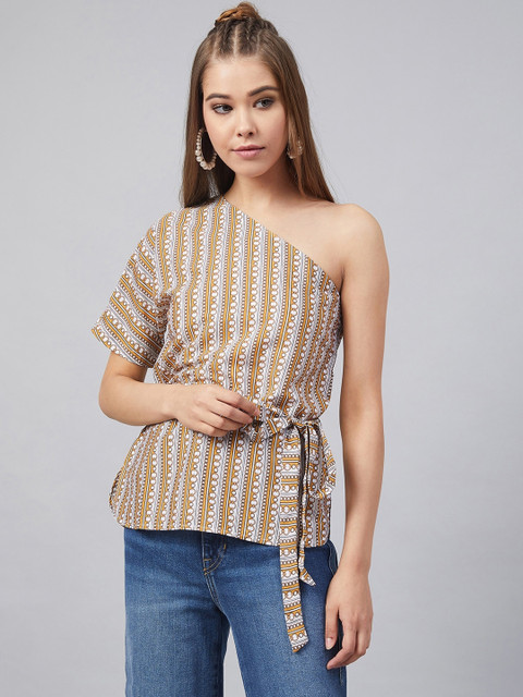 

Carlton London Women Off-White & Mustard Yellow Printed Peplum Top