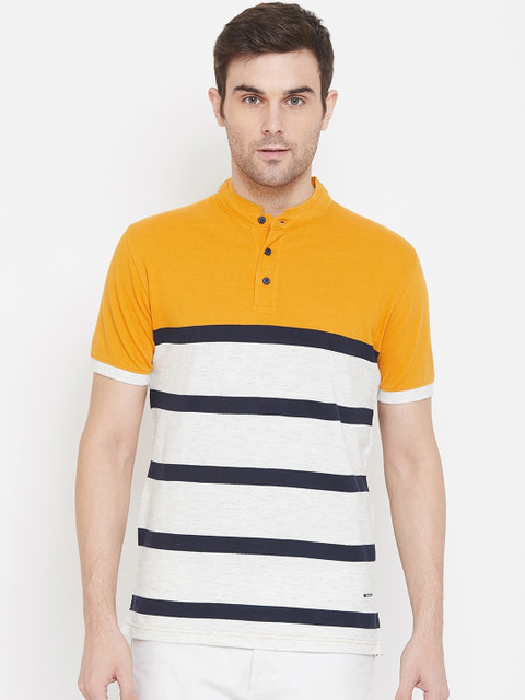 

Crimsoune Club Men White & Mustard Yellow Striped Slim Fit Mandarin Collar T-shirt
