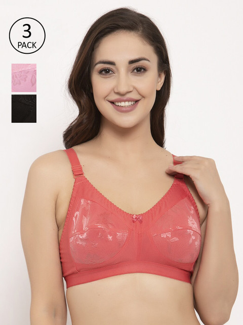 

GRACIT Pack Of 3 Self Design Non-Wired Non Padded Balconette Bras PW4-01-10-15, Black