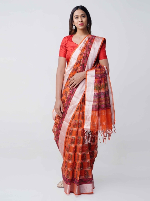 

Unnati Silks Orange & Pink Floral Block Print Kota Cotton Saree with Tassels