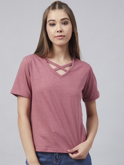 

RARE Women Old Rose Pink V-neck Solid Pure Cotton Top