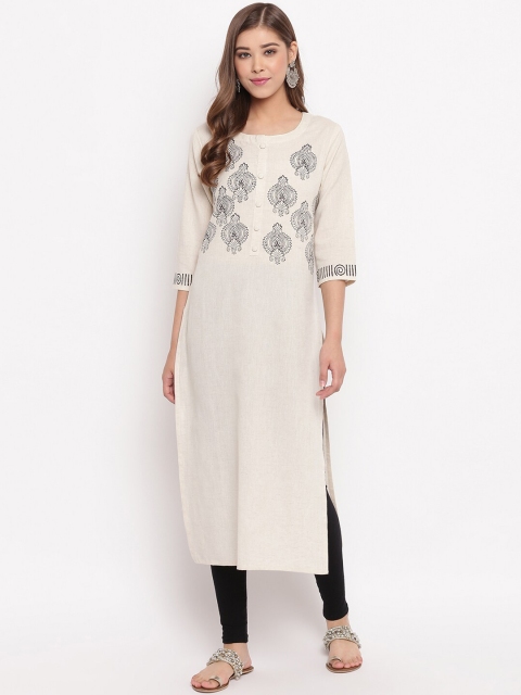 

Vbuyz Women Beige & Black Printed A-Line Kurta