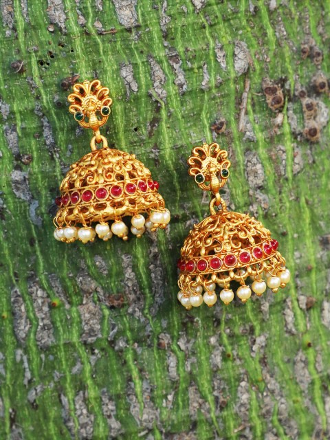 

Adwitiya Collection Pink & White Gold-Plated Handcrafted Dome Shaped Jhumkas