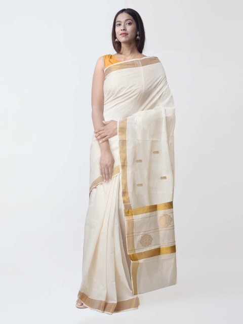 

Unnati Silks Cream-Coloured Pure Cotton Woven Design Kerala Kasavu Saree