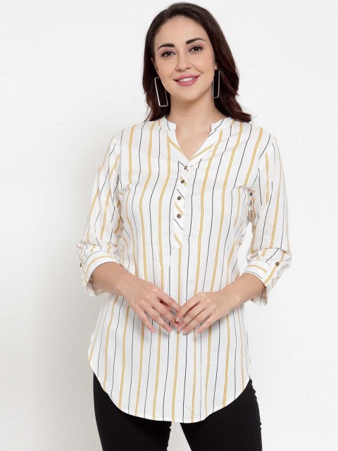 

Baani Creations Women White & Mustard Yellow Regular Fit Striped Casual Shirt