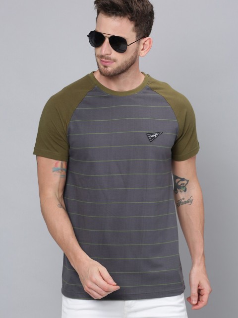 

DILLINGER Men Grey & Green Striped Round Neck T-shirt