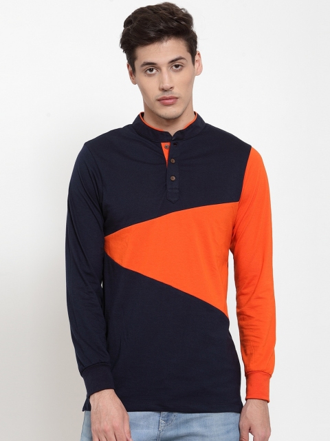 

Kalt Men Navy Blue & Orange Colourblocked Mandarin Collar T-shirt