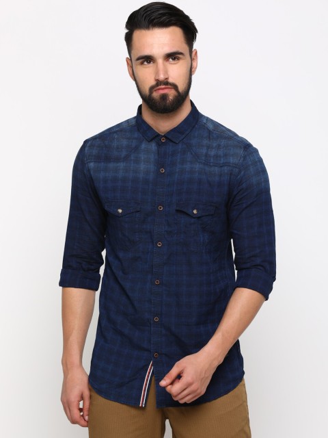 

WITH Men Navy Blue & Black Slim Fit Checked Casual Denim Shirt