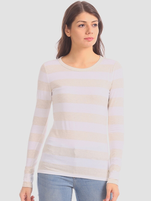 

GAP Women White & Beige Striped Round Neck T-shirt