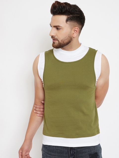 

FUGAZEE Men Olive Green & White Colourblocked Round Neck T-shirt
