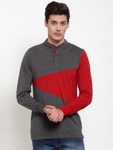 

Kalt Men Grey & Red Colourblocked Mandarin Collar T-shirt