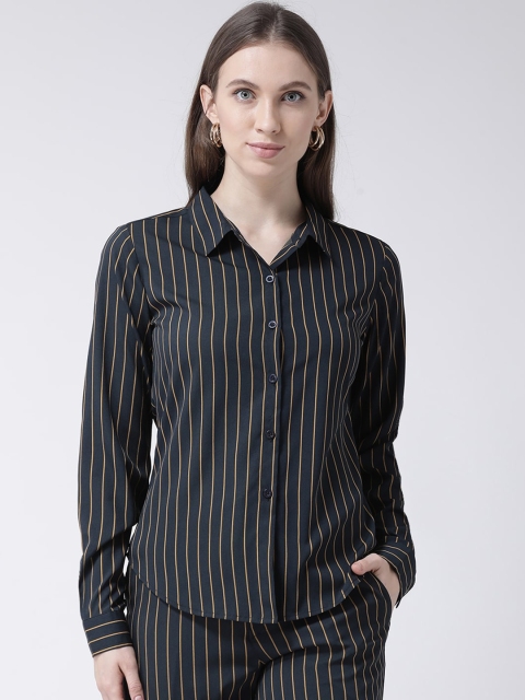 

Aayna Women Navy Blue & Mustard Yellow Slim Fit Striped Formal Shirt