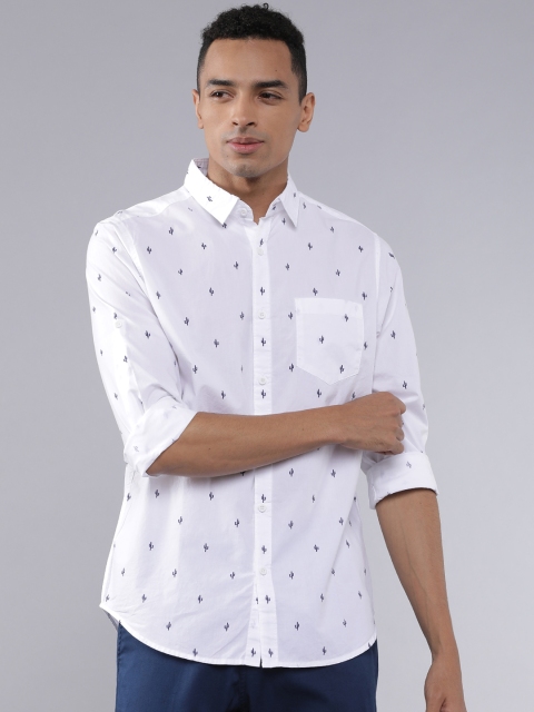 

HIGHLANDER Men White & Navy Blue Slim Fit Printed Casual Shirt