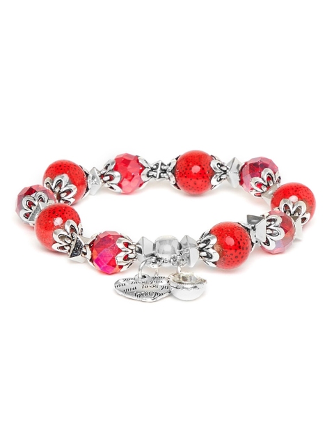 

ZeroKaata Red Silver-Toned Handcrafted Heart Charm Elasticated Bracelet