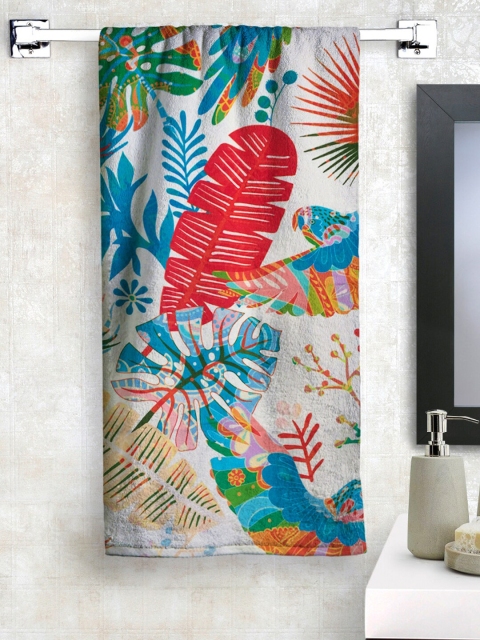 

Athom Trendz Unisex Off-White & Blue Printed 300 GSM Bath Towel