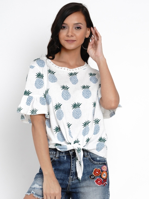 

Deal Jeans Women White & Blue Printed Twisted Top