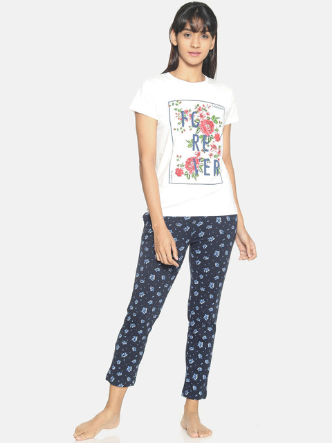 

Kryptic Women White & Navy Blue Printed Cotton Night suit