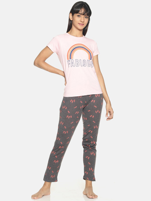 

Kryptic Women Pink & Charcoal Grey Printed Cotton Night suit