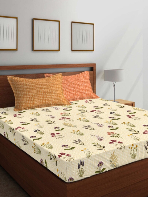 

Boutique Living India Beige & Green Floral 400 TC Cotton 1 King Bedsheet with 4 Pillow Covers
