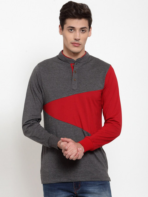 

Kalt Men Grey & Red Colourblocked Mandarin Collar T-shirt