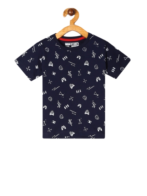 

Flying Machine Boys Navy Blue & White Printed Round Neck T-shirt