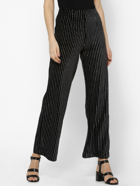 

FOREVER 21 Women Black & Silver Regular Fit Striped Parallel Trousers