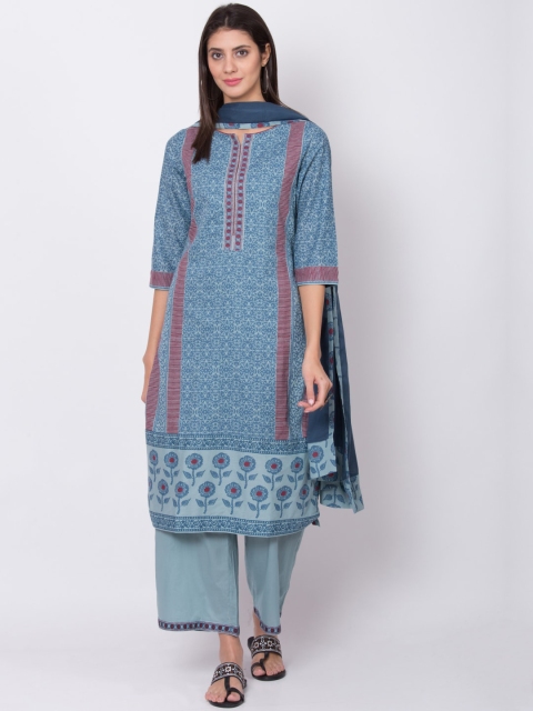 

Biba Women Blue & Maroon Printed Kurta with Palazzos & Dupatta