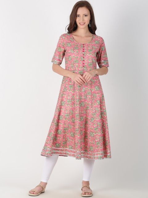 

Saffron Threads Women Pink & Green Printed A-Line Kurta