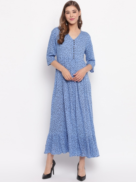 

Janasya Women Blue Floral Printed Gathered Maxi Dress with Front Slit