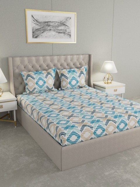 

Raymond Home White & Blue Geometric 104 TC Cotton 1 King Bedsheet with 2 Pillow Covers