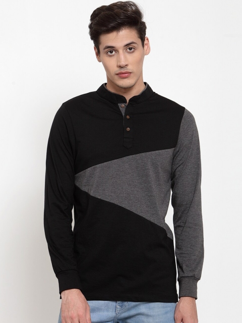 

Kalt Men Black & Grey Colourblocked Mandarin Collar T-shirt