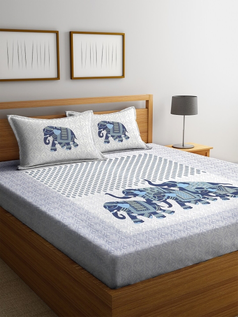 

Rajasthan Decor Off-White & Blue Floral 144 TC Cotton 1 Queen Bedsheet with 2 Pillow Covers