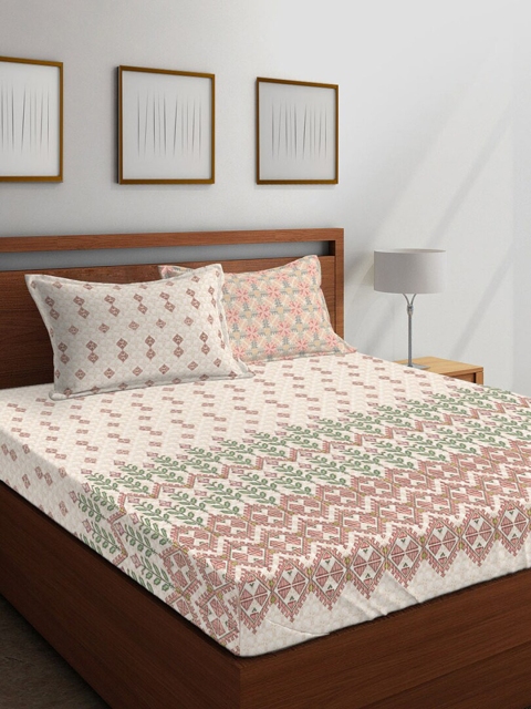 

Boutique Living India Beige & Green Floral 400 TC Cotton 1 King Bedsheet with 4 Pillow Covers