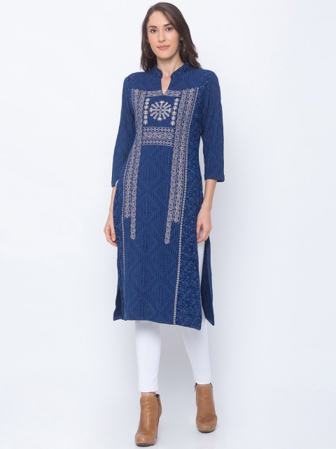 

Globus Women Navy Blue & Beige Embroidered Straight Kurta