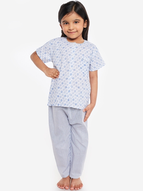 

Fuzzy Bear Girls White & Blue Printed Night suit
