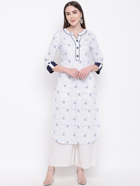 

RIVI Women White & Blue Printed Straight Kurta