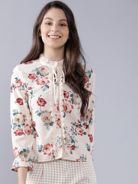

Tokyo Talkies Women Cream Floral Print Shirt Style Top with Lace Detail