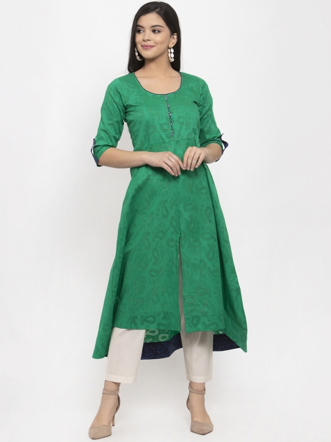 

Aujjessa Women Green Woven Design A-Line Kurta