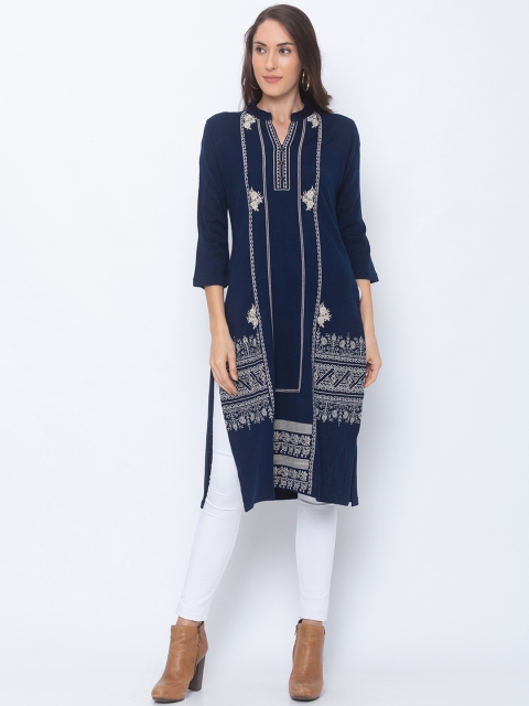 

Globus Women Navy Blue Woven Design Straight Kurta