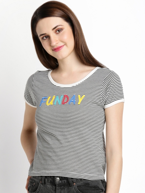 

Honey by Pantaloons Women Black & White Striped Knitted Pure Cotton Top