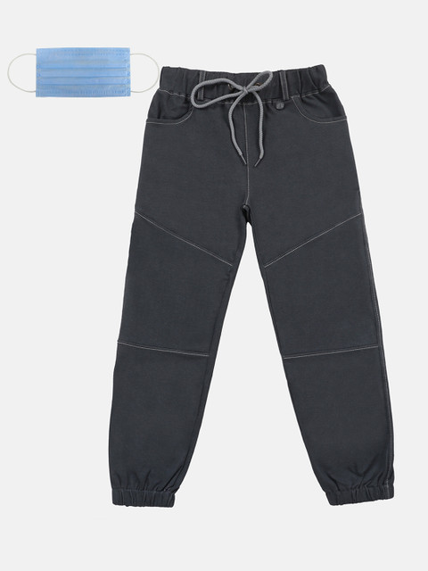 

Lil Tomatoes Boys Charcoal Grey Slim Fit Solid Joggers With 3-Ply Mask