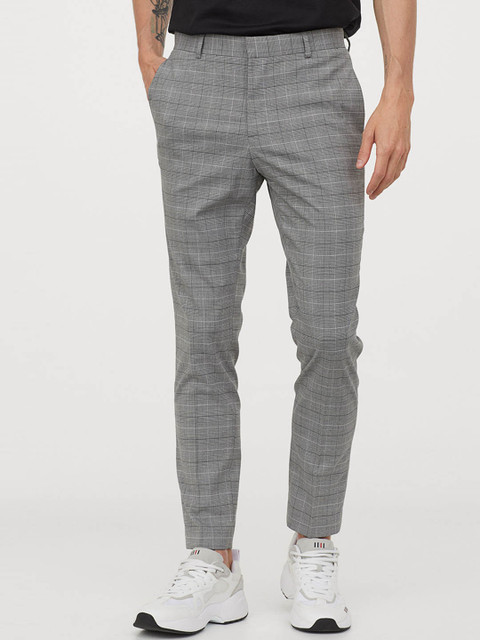 

H&M Men Grey Checked Suit Trousers Skinny Fit