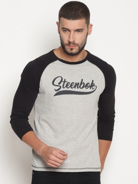 

Steenbok Men Grey Melange & Black Colourblocked Raglan Sleeves T-shirt