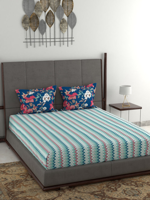 

Trident Blue & White Geometric 120 TC Cotton 1 Queen Bedsheet with 2 Pillow Covers