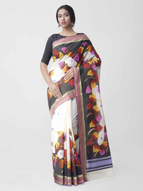 

Unnati Silks White & Grey Pure Cotton Printed Kasavu Sustainable Saree