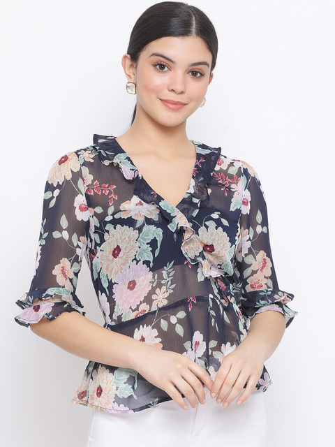 

Oxolloxo Women Navy Blue & Peach Floral Print Sheer Peplum Top