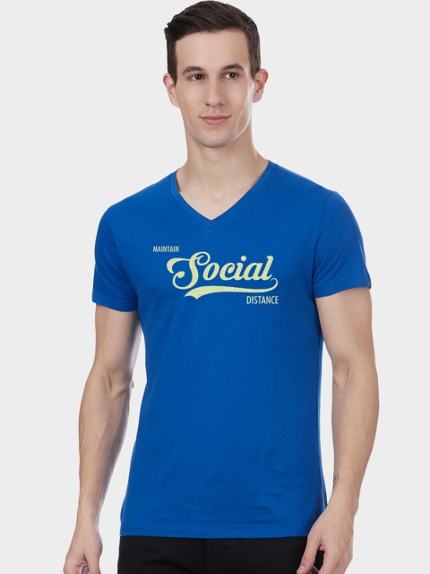 Free Authority Men Blue Printed V-Neck T-shirt
