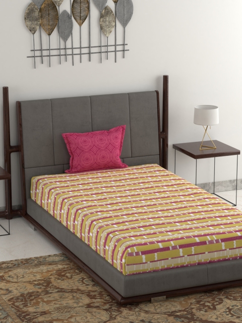 

Trident Yellow & Pink Striped 120 TC Cotton 1 Single Bedsheet with 1 Pillow Cover