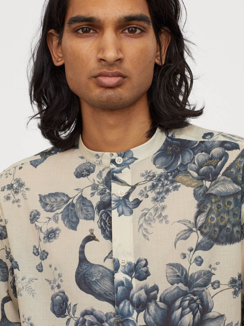 

H&M Men Beige & Navy Blue Floral Patterned Cotton Shirt
