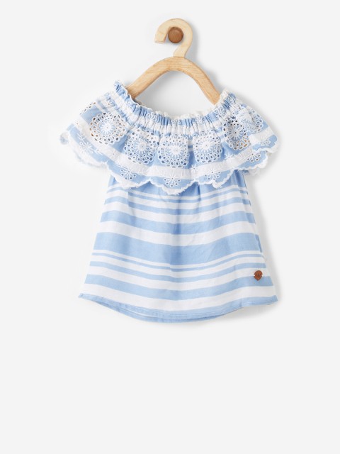 

VITAMINS Girls Blue & White Striped Bardot Schiffli Top